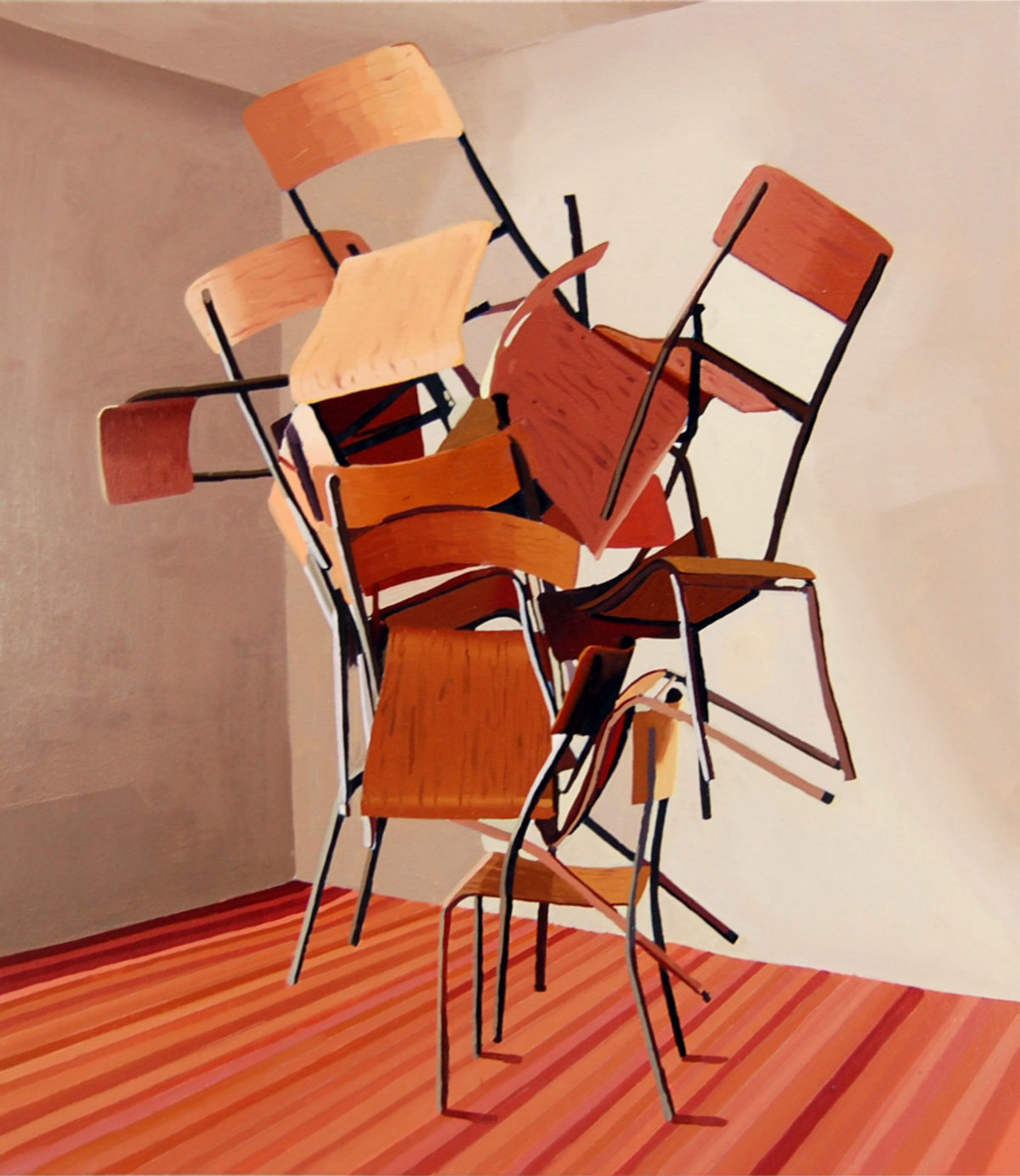 Group of brown chairs stacked atop one another at odd angles