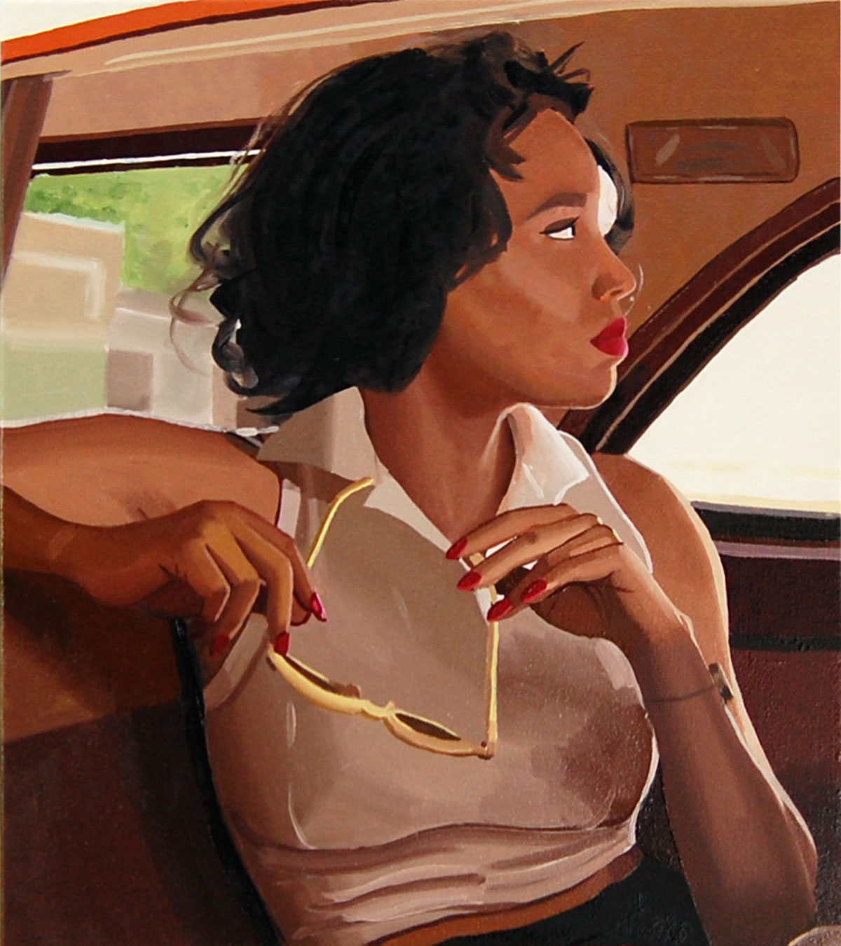 Woman seated in the back of a car holding sunglasses while looking out the window