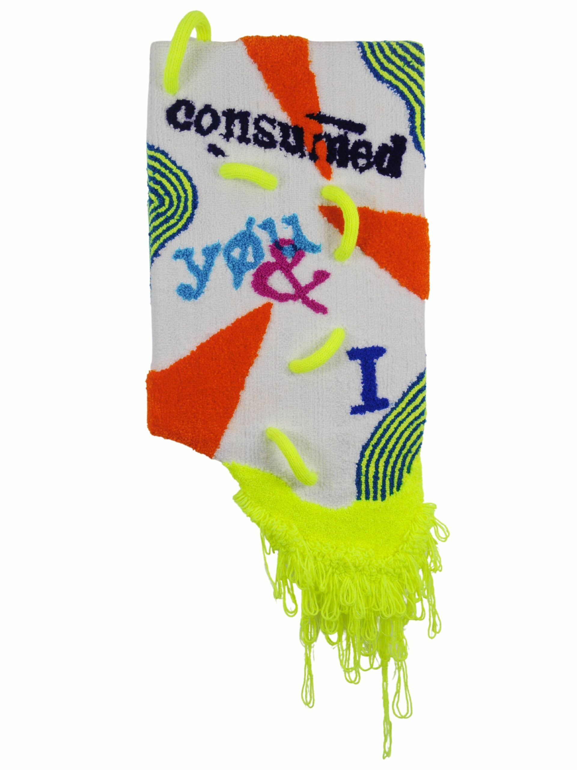 Strips of fabric glued together in neon yellow, orange, blue, and green with text