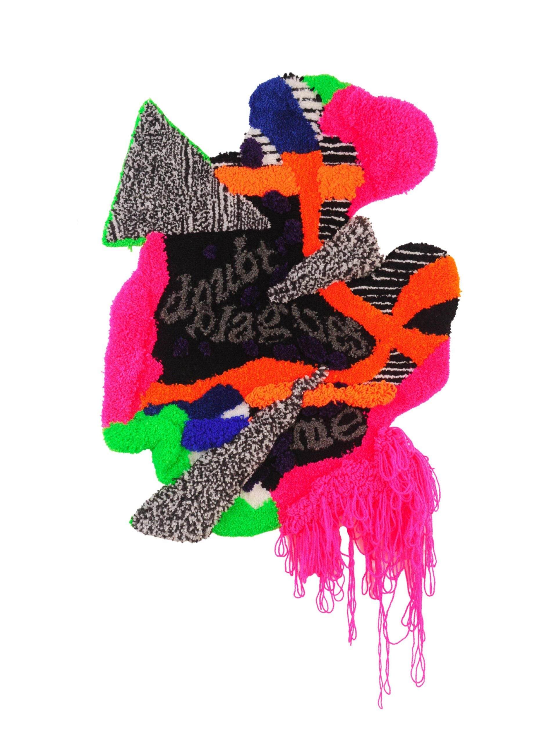 Fabric pieces glued together in abstract shapes in vibrant pink, blue, orange, green, black and gray with text