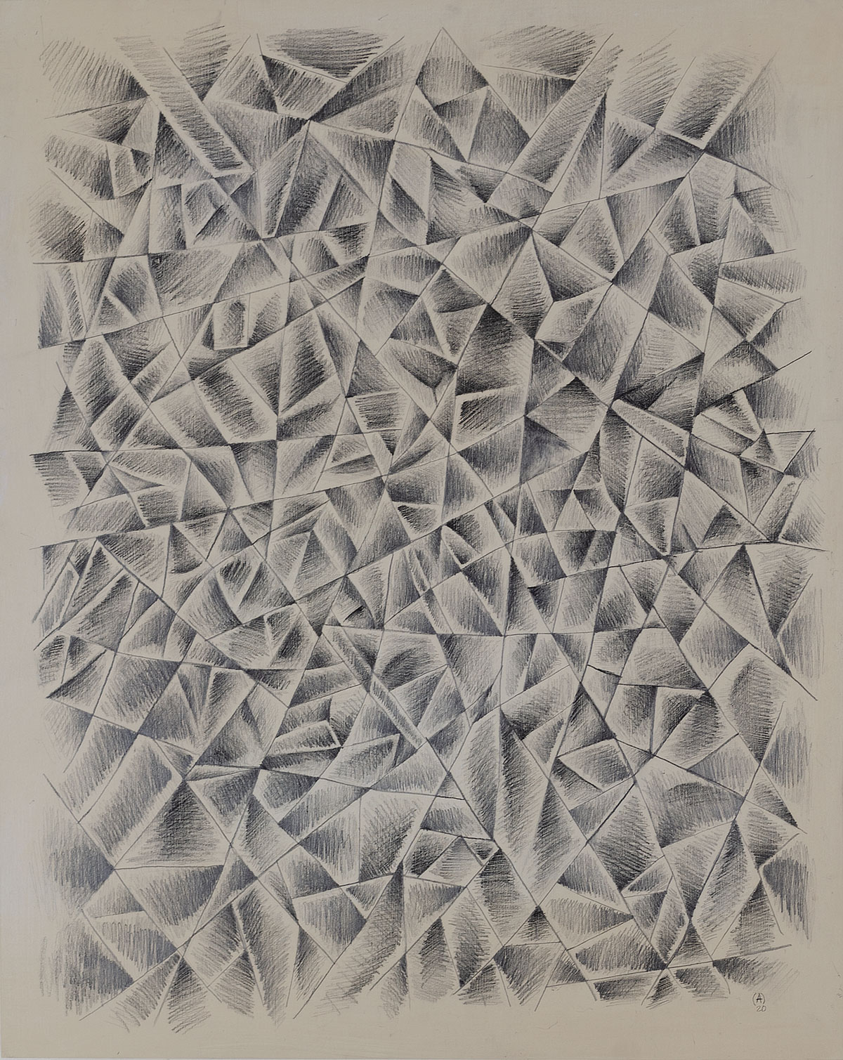 Graphite drawing of shaded triangular shapes in gray against a white backdrop