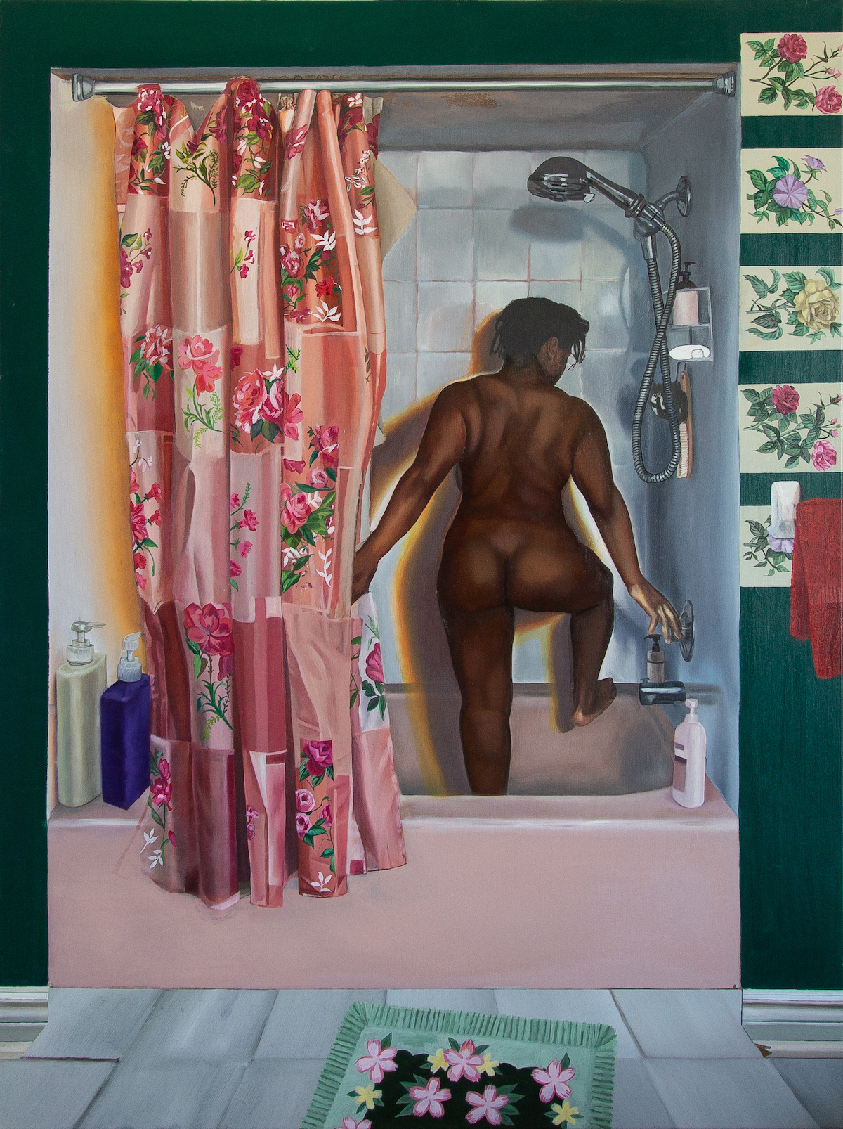 Back view of a nude woman stepping into her bathtub