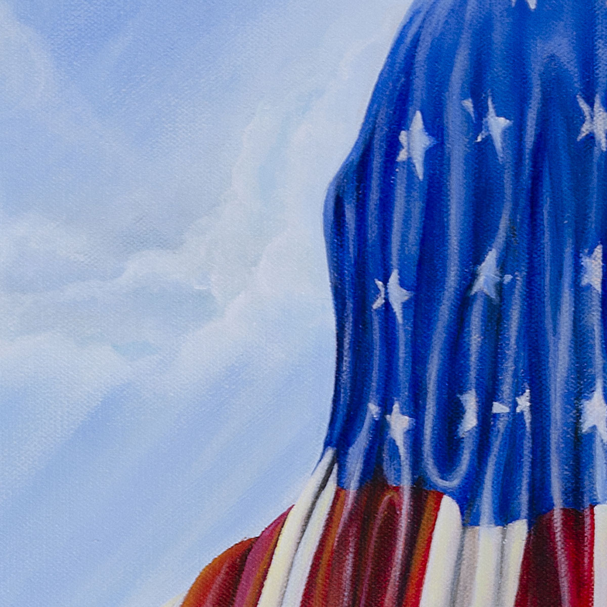 Back of man's head draped in American flag