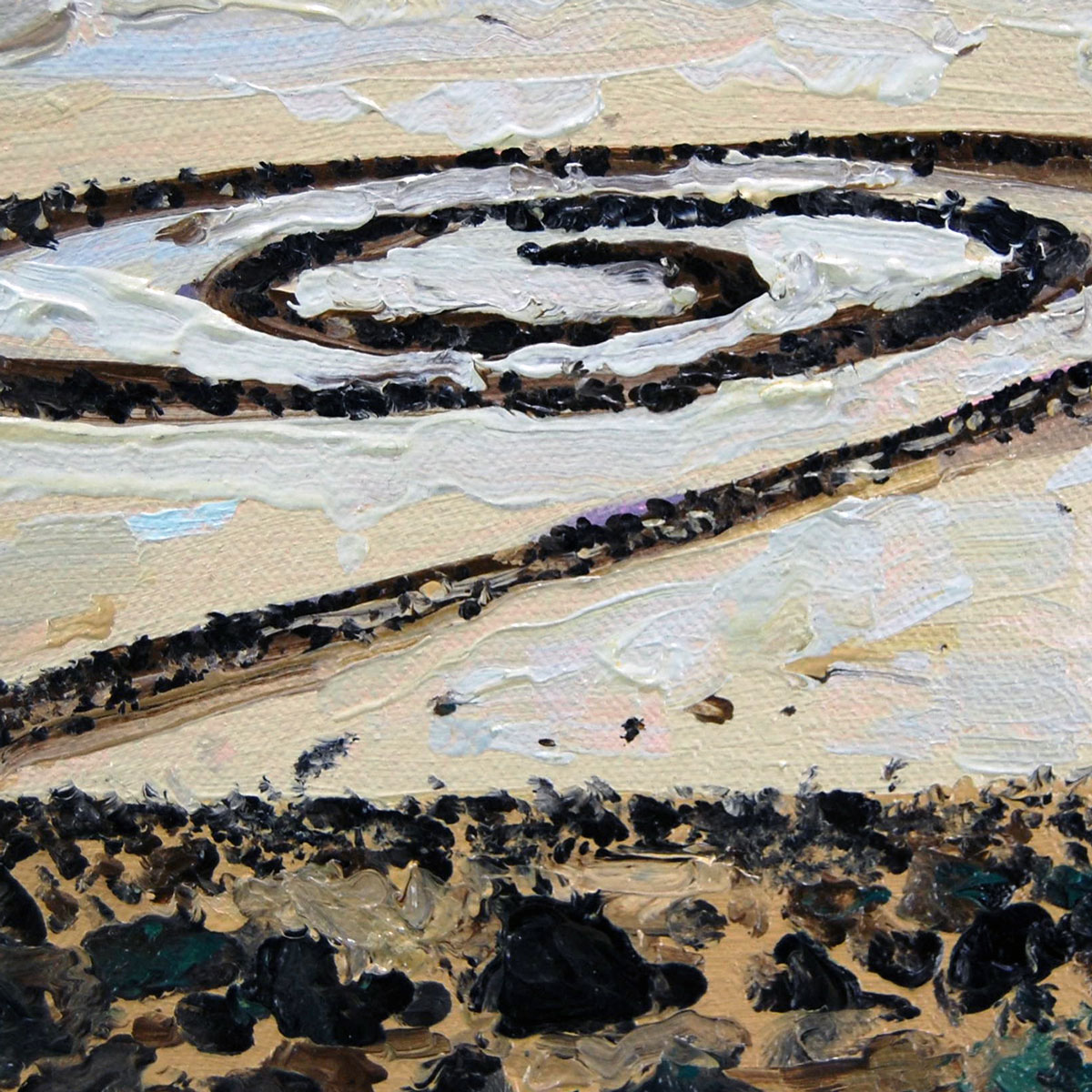 Painting of a brown spiral earthwork in the midst of a yellow field with a blue sky and mountains on the horizon