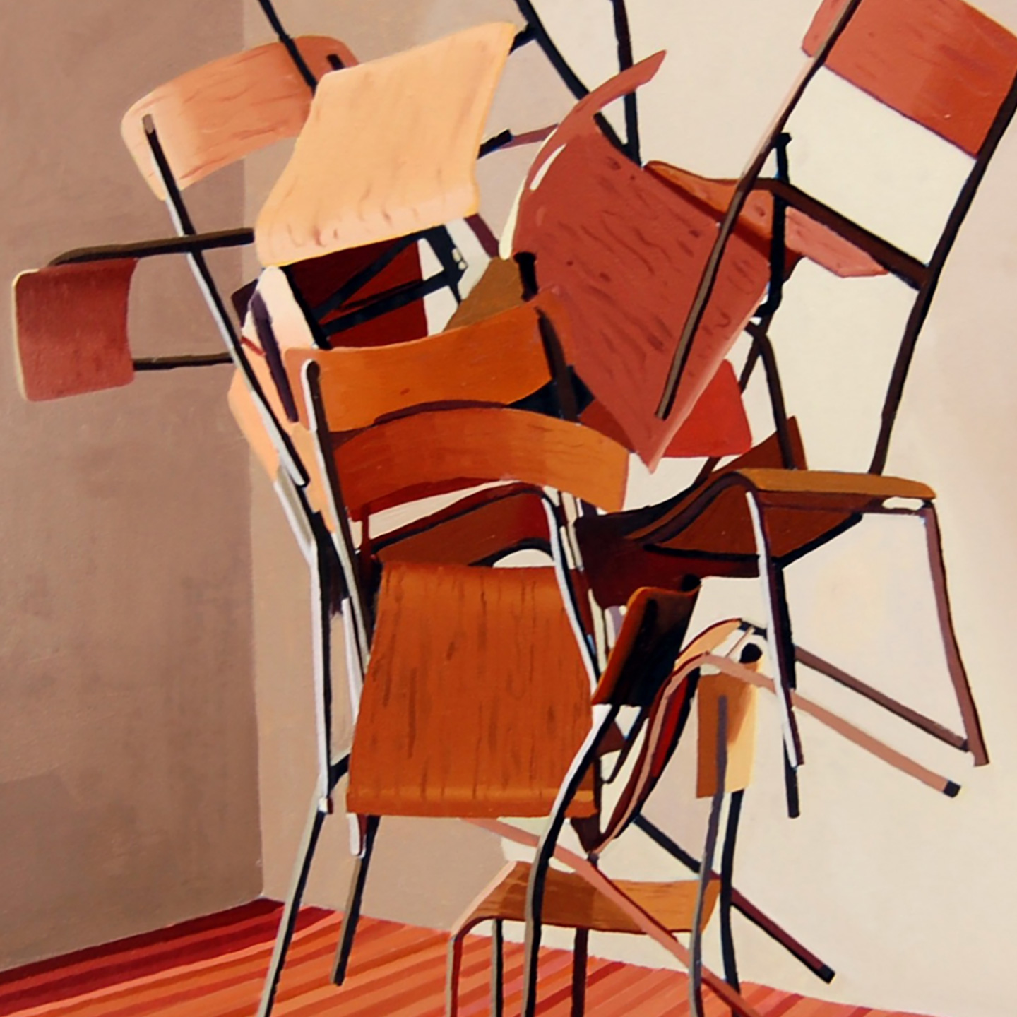 Group of brown chairs stacked atop one another at odd angles