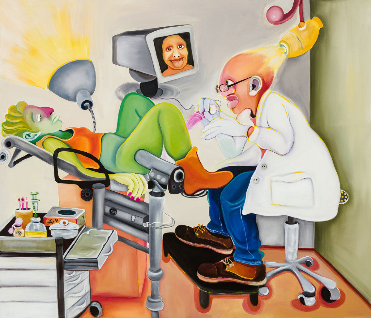 Woman reclining in stirrups with elderly male gynecologist examining her