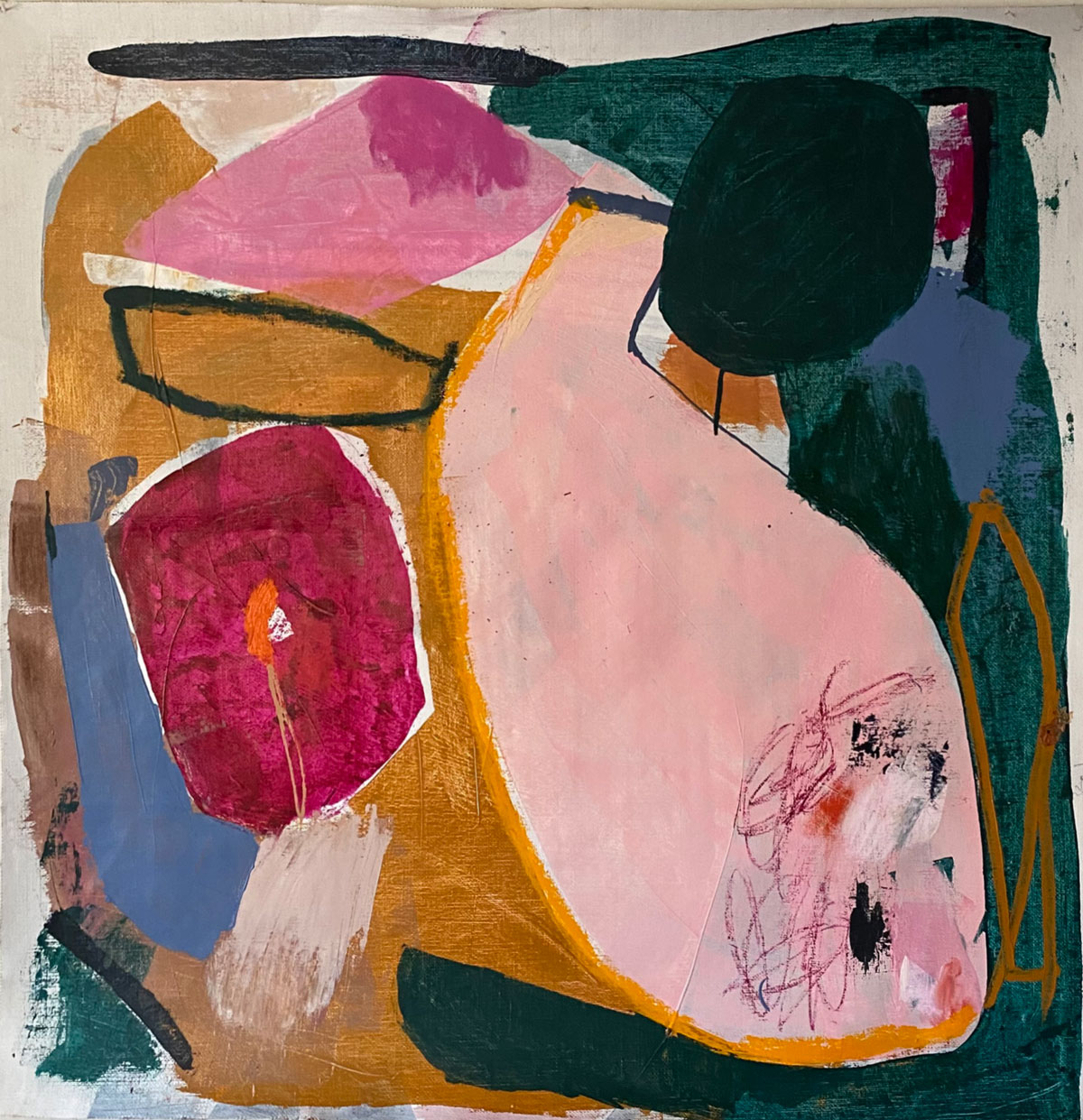 Painting of various shapes in a mix of colors from pink to blue and dark yellow