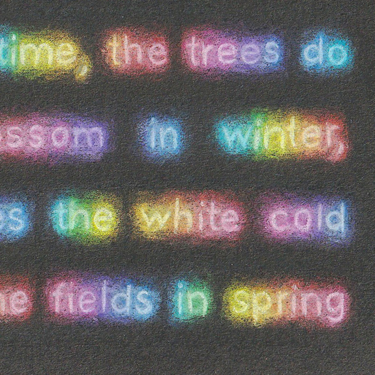 Rainbow colored text against a black background