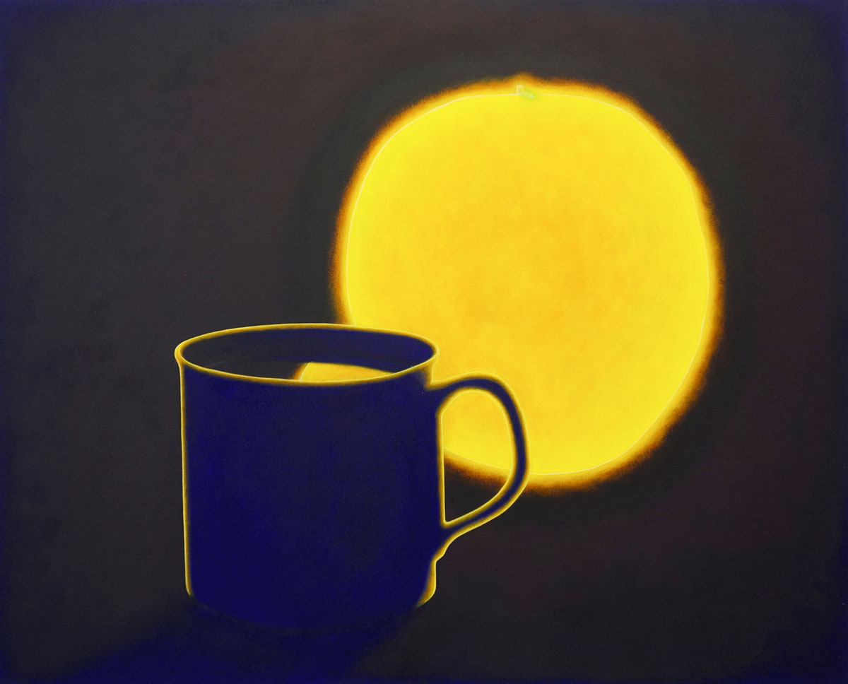 Coffee cup with a yellow round sun behind it against a black background