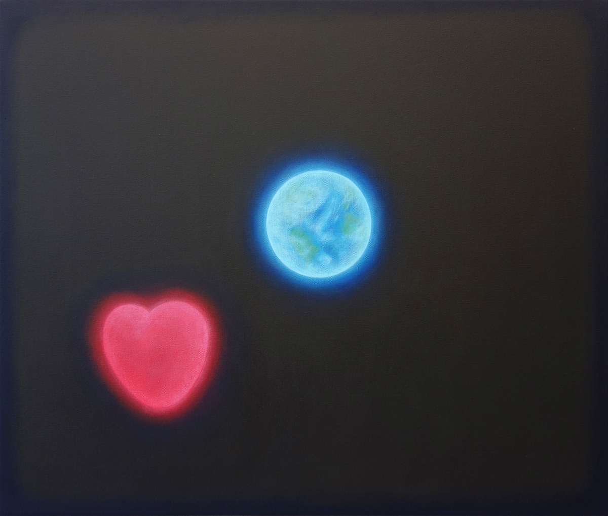 Red heart and blue planet earth against a black background