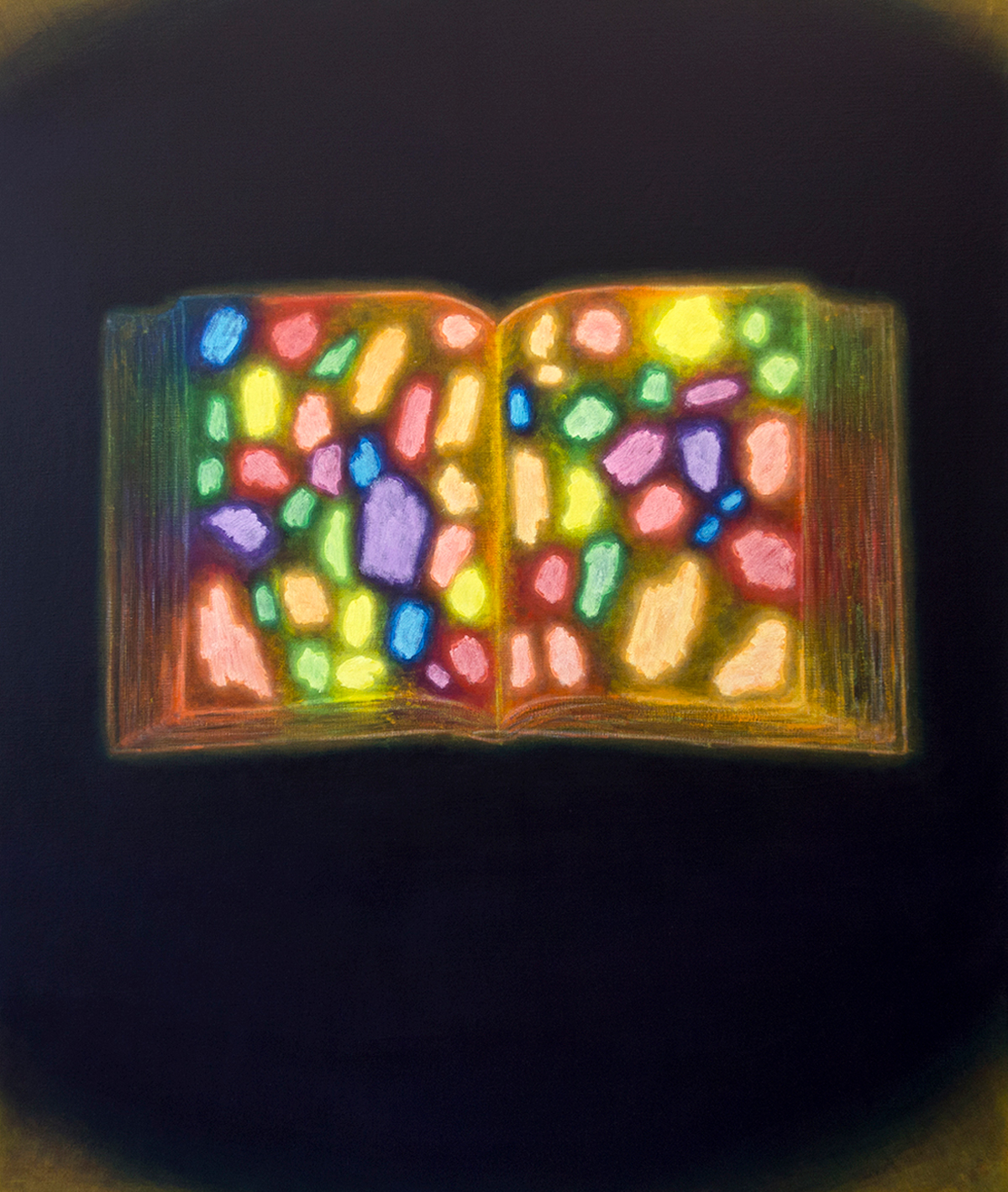 An open yellow book filled with glowing spots of paint in various colors against a black background