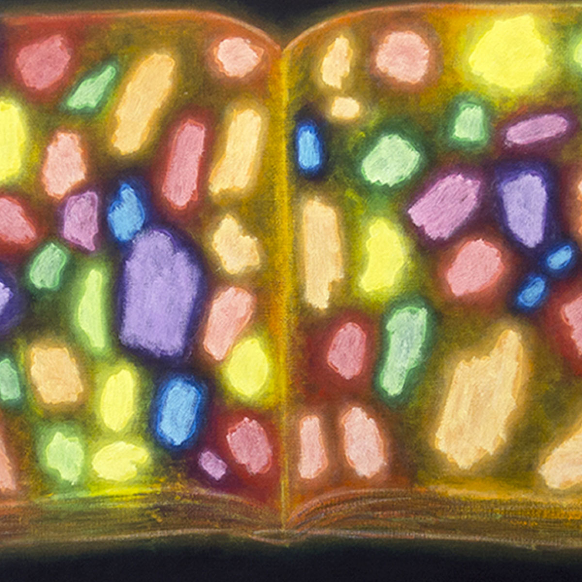 An open yellow book filled with glowing spots of paint in various colors against a black background