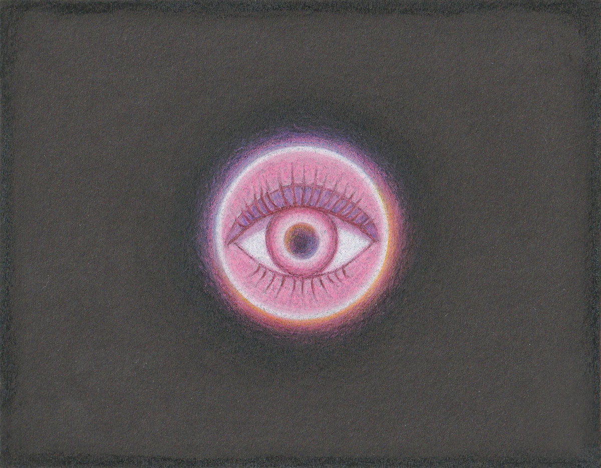 Close up of a human eye in the color pink with black background