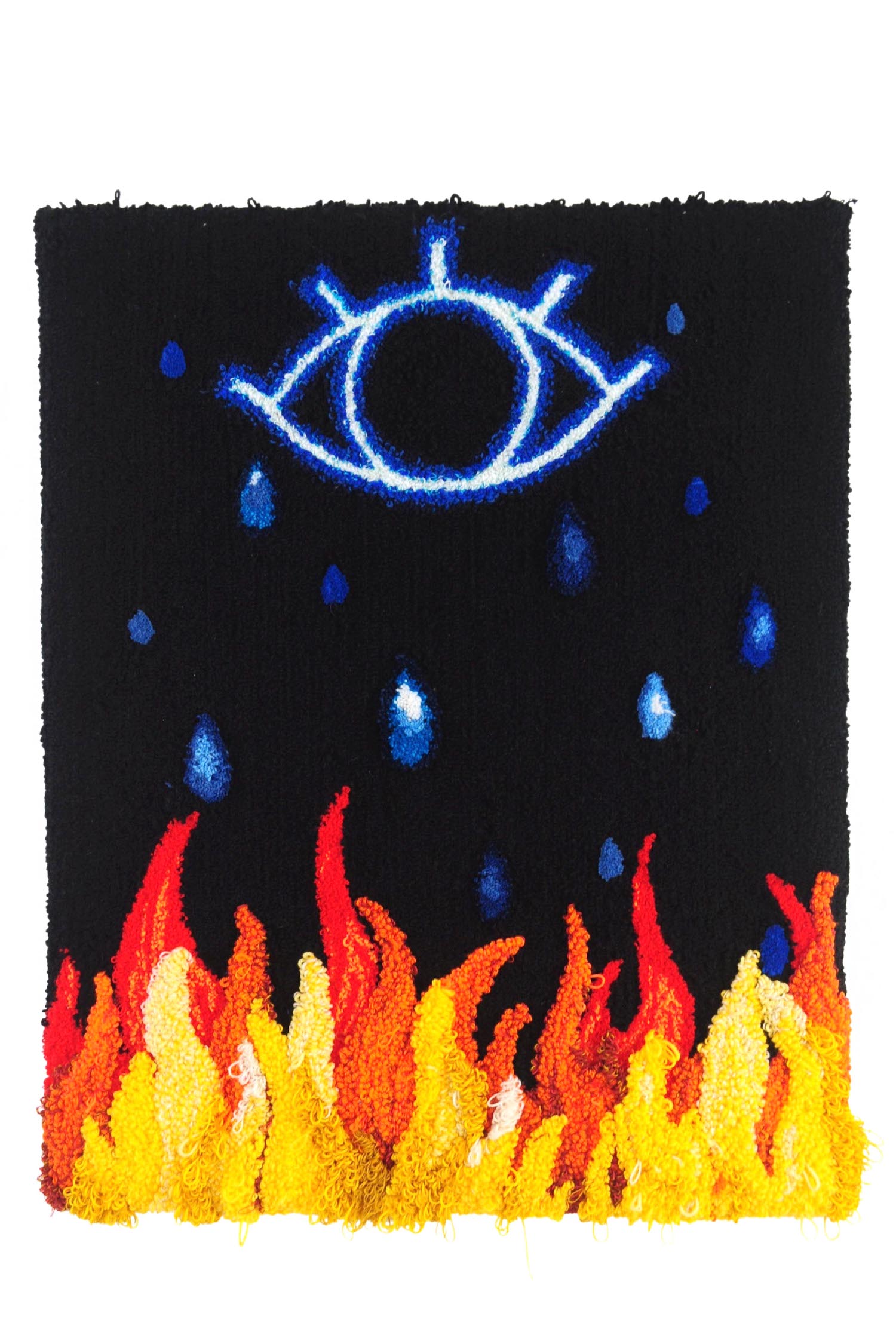 Yellow and red flames beneath the outline of an eye in blue against a black backdrop