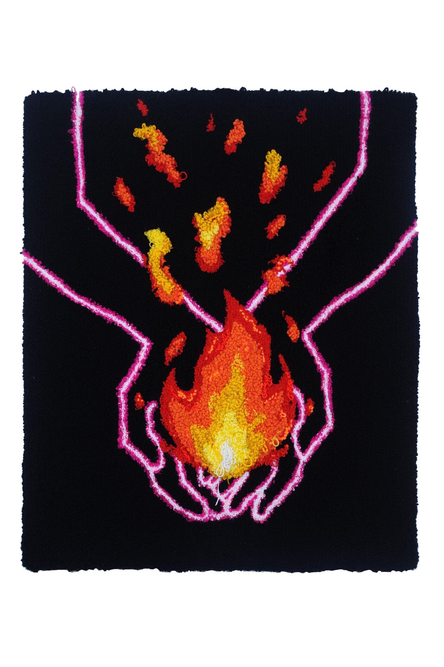 Red flame cradled in outline of hands in pink against black backdrop